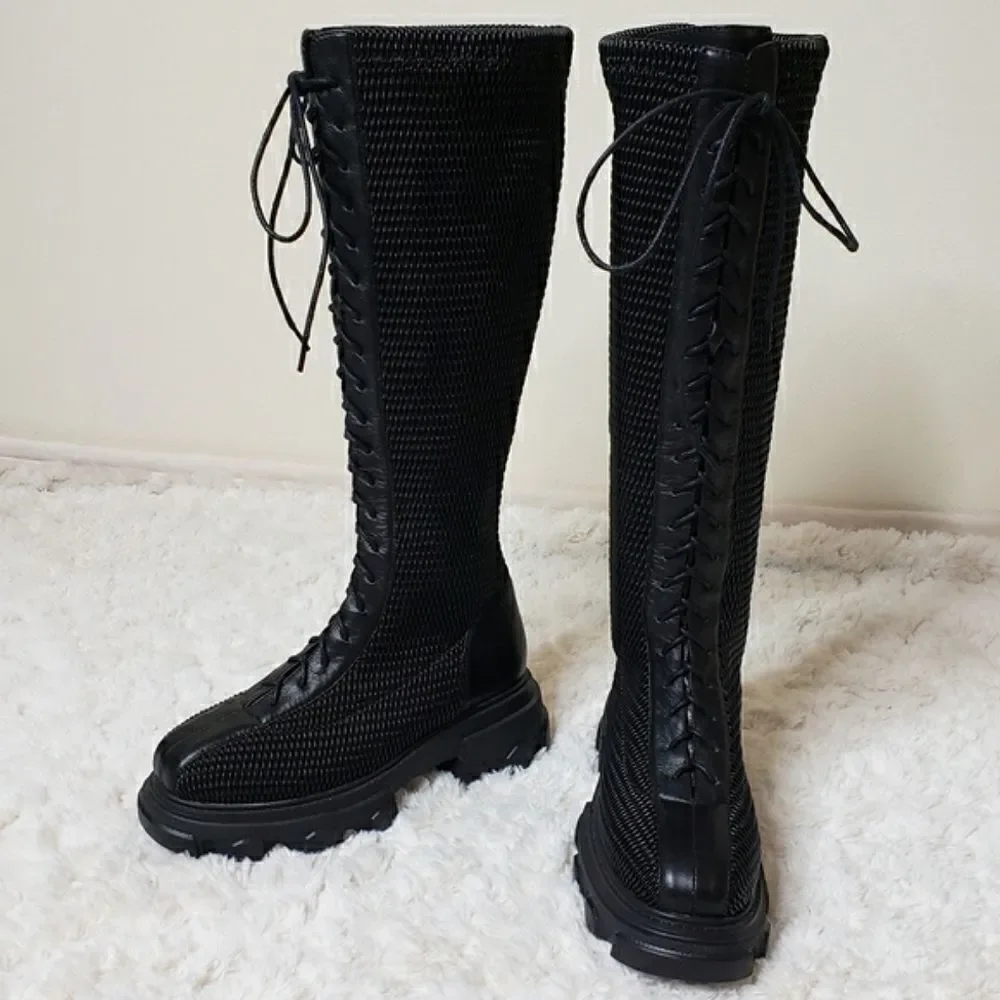 NWOT Front Lace-Up Woven Stretchy Platform Alternative Punk Goth Edgy Boots